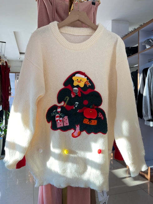 Christmas Tree Print Round Winter Pullover